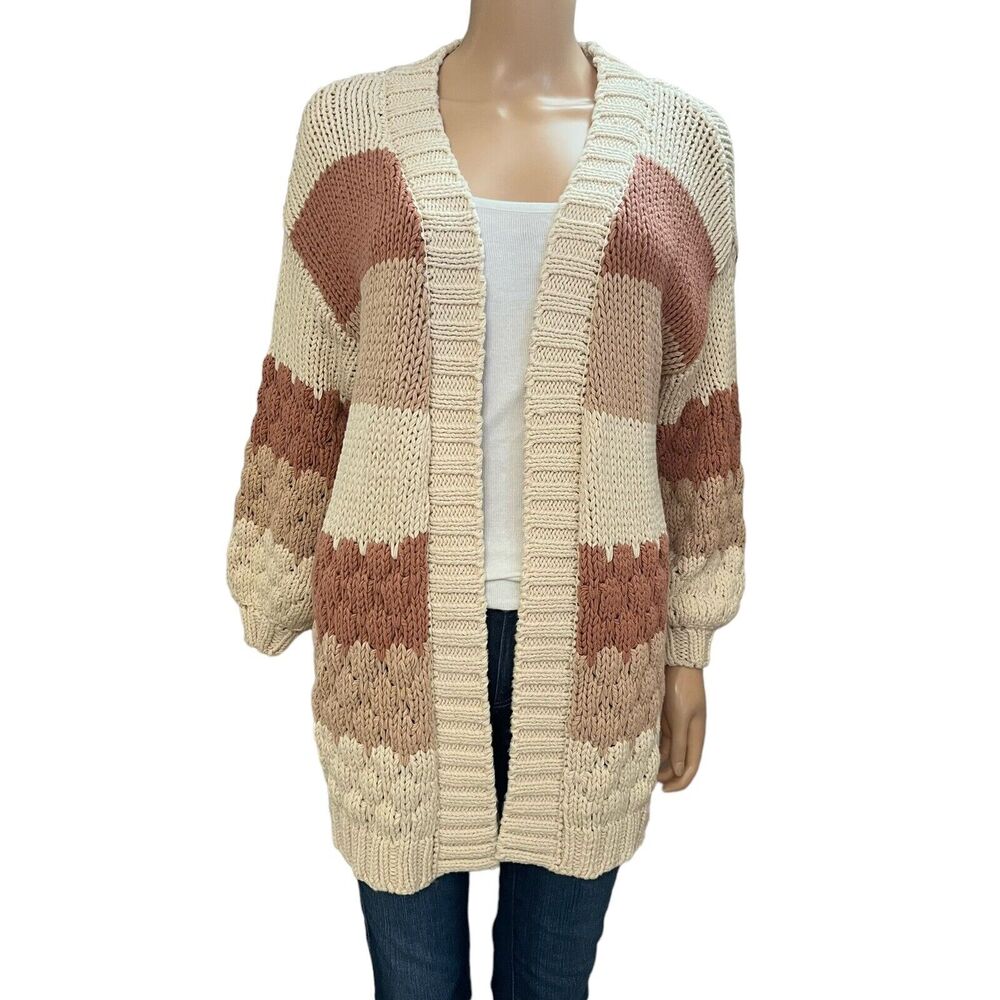 Polagram Chunky Cardigan Open Front Striped Balloon Sleeve Textured